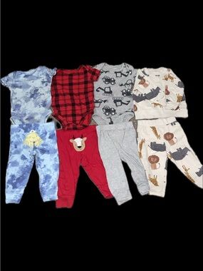 Baby Mixed Onesie & Pant Bundle - Blue Tie-Dye, Red Plaid, Gray, Animal Prints